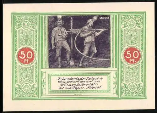 Notgeld Steinbach / Meiningen 1921, 50 Pf, Industriearbeiter und Frau mit Rechen, grün /rot