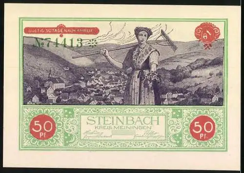 Notgeld Steinbach / Meiningen 1921, 50 Pf, Industriearbeiter und Frau mit Rechen, grün /rot