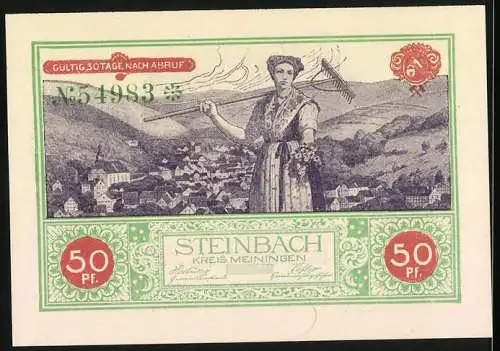 Notgeld Steinbach / Meiningen, 1921, 50 Pf, Fachwerkhäuser und Bäuerin mit Harke, gültig 30 Tage nach Abruf