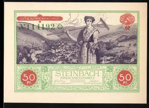 Notgeld Steinbach / Meiningen, 50 Pf., Szene mit Frau und Landschaft, Arbeiter an Maschine