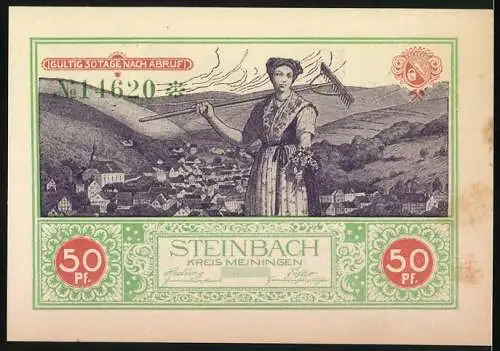 Notgeld Steinbach / Meiningen 1921, 50 Pf, Gedenkschein Dr. Martin Luthers Gefangennahme am 4. Mai 1521, Bäuerin