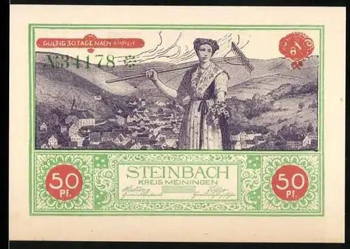 Notgeld Steinbach / Meiningen 1921, 50 Pf, Gültig 30 Tage nach Aufruf, Frau mit Harke, Stadtansicht und Kirche