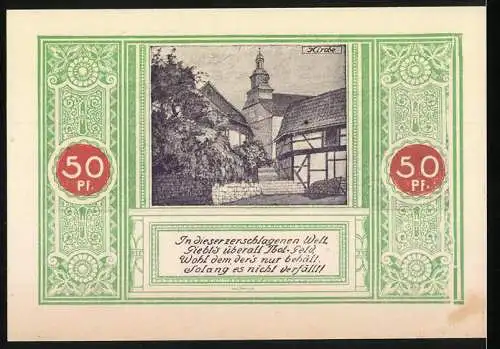 Notgeld Steinbach / Meiningen 1921, 50 Pf, Gültig 30 Tage nach Aufruf, Frau mit Harke, Stadtansicht und Kirche