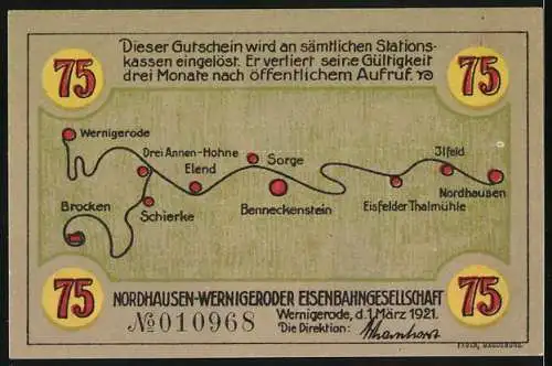 Notgeld Wernigerode 1921, 75 Pf, Eisenbahngutschein mit Landkarte und Zugillustration