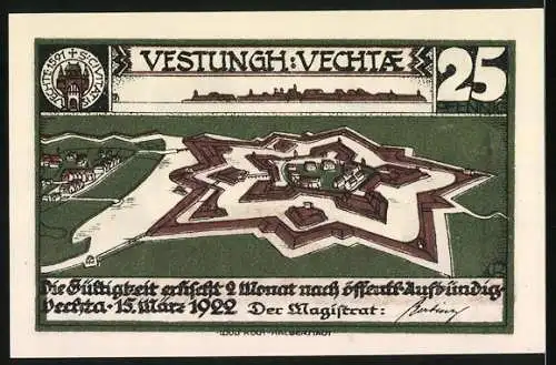 Notgeld Vechta, 1922, 25 Pfennig, Mönche binden Löwen und Festung Vechta