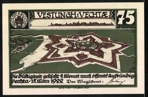 Notgeld Vechta, 1922, 75 Pfennig, Festung Vechta und Kettenhund zur Strafe