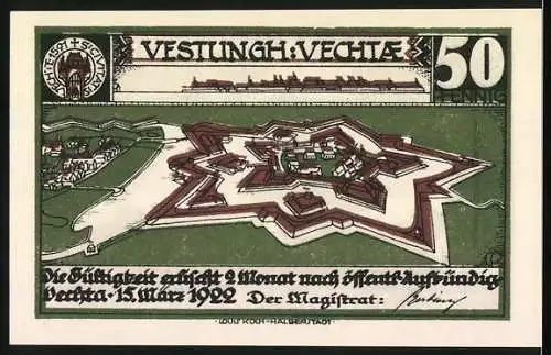 Notgeld Vechta, 1922, 50 Pfennig, Festung Vechta, Schwertkämpfer-Silhouette, Gültigkeit 2 Monate nach Ausgabe