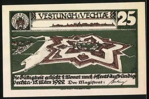 Notgeld Vechta, 1922, 25 Pfennig, Festung Vechta und historische Szene mit Reiter und Soldaten