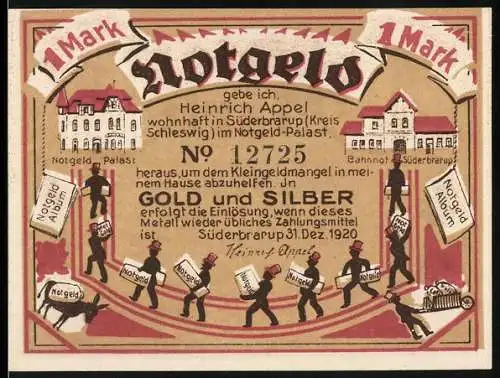 Notgeld Süderbrarup 1920, 1 Mark, Darstellung von Notgeld-Palast und Bahnhof Süderbrarup