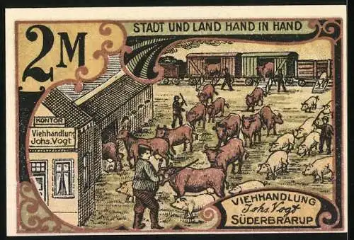 Notgeld Süderbrarup 1920, 2 Mark, Viehhandlung Johs. Vogt mit Bauern und Tieren