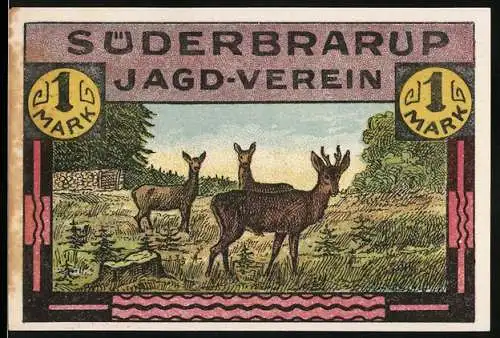 Notgeld Süderbrarup, 1921, 1 Mark, Jagd-Verein mit Rehen und Jagdszenen, gültig bis 15. Oktober 1921