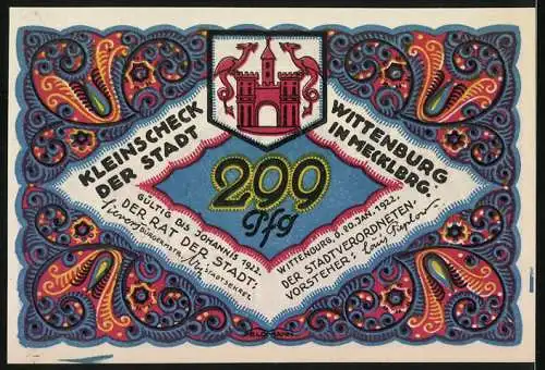 Notgeld Wittenburg 1921, 200 Pfennig, Fritz Reuter Illustration mit Stadtwappen und Ziermuster