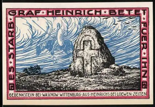 Notgeld Wittenburg, 1921, 100 Pfennig, Gedenkstein bei Waschow, Wappen der Stadt