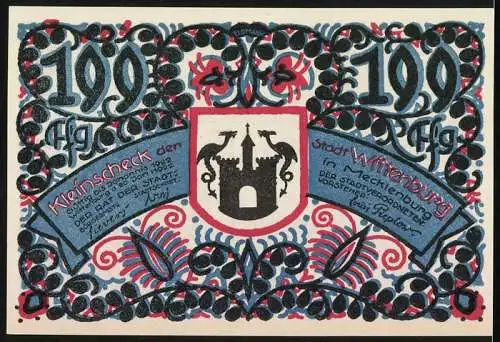 Notgeld Wittenburg, 1921, 100 Pfennig, Gedenkstein bei Waschow, Wappen der Stadt