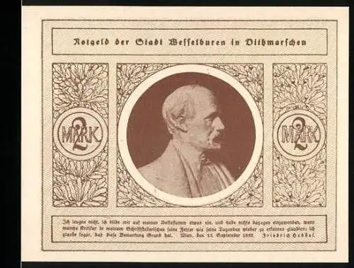 Notgeld Wesselburen, 1922, 2 Mark, Portrait eines Mannes und Stadtansicht mit Kühen und Gebäuden