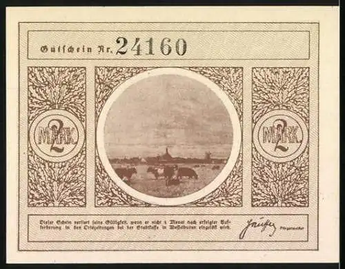 Notgeld Wesselburen, 1922, 2 Mark, Portrait eines Mannes und Stadtansicht mit Kühen und Gebäuden