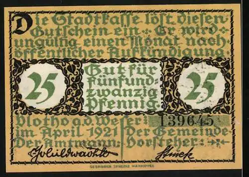 Notgeld Vlotho a.d. Weser 1921, 25 Pfennig, Mann mit Flinte in Landschaft, Seriennummer 139047