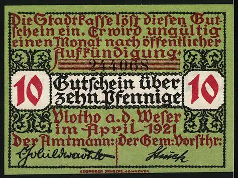 Notgeld Vlotho, 1921, 10 Pfennig, Stadtwappen und Lilien, Gültigkeitshinweis und Unterschriften