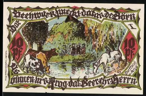 Notgeld Gross-Flottbek, 1921, 10 Pfennig, Vorderseite mit Vieh und Flusslandschaft, Rückseite mit Dorfansicht und Land