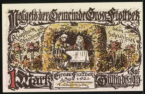 Notgeld Gross-Flottbek 1921, 1 Mark, ländliche Szene und Schachspiel im Garten