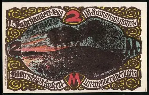 Notgeld Gross-Flottbek 1921, 2 Mark, Hünengrab und Dingstätte-Szene