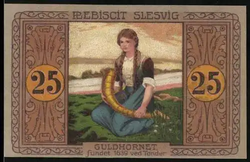 Notgeld Schleswig 1920, 25 Pfennig, Mädchen mit Horn und Text auf Rückseite