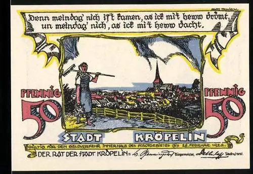 Notgeld Kröpelin, 1922, 50 Pfennig, Stadtansicht und Frau mit Heugabel, Rückseite Stadtansicht mit Wappen