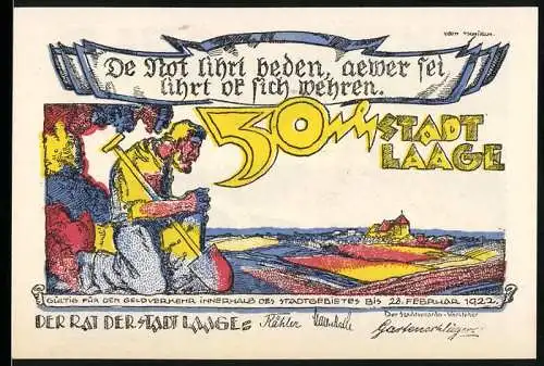 Notgeld Laage 1922, 50 Pfennig, bunte Darstellung von Landschaft und Männlicher Figur mit Werkzeug