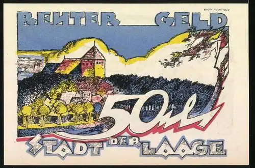 Notgeld Laage 1922, 50 Pfennig, bunte Darstellung von Landschaft und Männlicher Figur mit Werkzeug