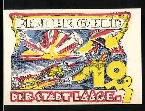 Notgeld Laage, 1922, 10 Pfennig, Vorderseite mit Sonnenaufgang und ruhendem Mann, Rückseite mit Helm und Text