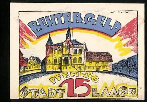 Notgeld Laage, 1921, 25 Pfennig, Stadtansicht und Pflügende Bauern