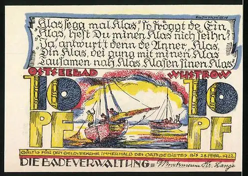 Notgeld Wustrow / Ostseebad, 1922, 10 Pf, Segelschiff und Landschaftsmotiv