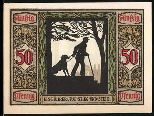 Notgeld Oldenburg / Old., 1921, 50 Pfennig, Deutscher Führhund für Kriegsblinde, Hund und Blinder mit Stock