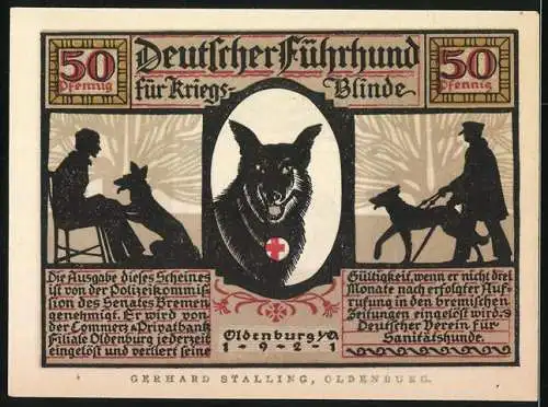 Notgeld Oldenburg / Old., 1921, 50 Pfennig, Deutscher Führhund für Kriegsblinde, Hund und Blinder mit Stock