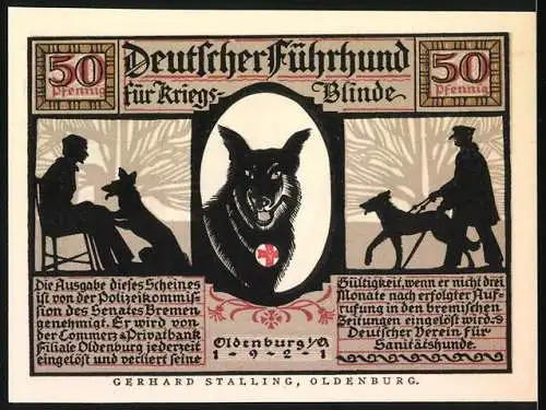 Notgeld Oldenburg / Old. 1921, 50 Pfennig, Deutscher Führhund für Kriegsblinde, Ein treuer Wegweiser