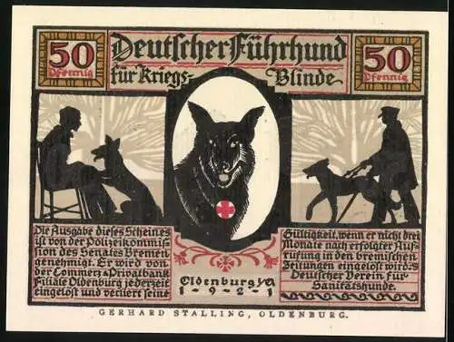 Notgeld Oldenburg / Old. 1922, 50 Pfennig, Deutscher Führhund für Kriegsblinde, Gerhard Stalling, Oldenburg