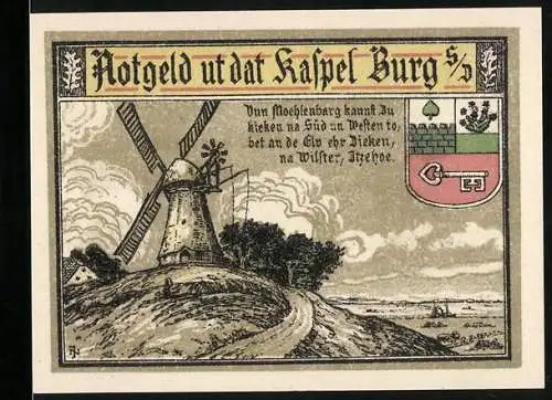 Notgeld Burg, 1916, 50 Pfennig, Windmühle und Bauernhaus