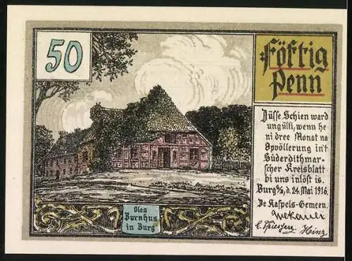 Notgeld Burg, 1916, 50 Pfennig, Windmühle und Bauernhaus