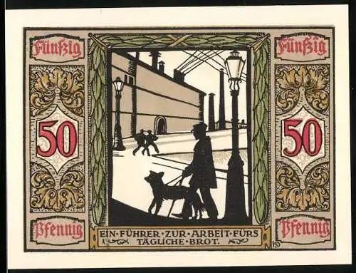 Notgeld Oldenburg / Old. 1922, 50 Pfennig, Deutscher Führhund für Kriegsblinde, Illustration von Blindenführerhund