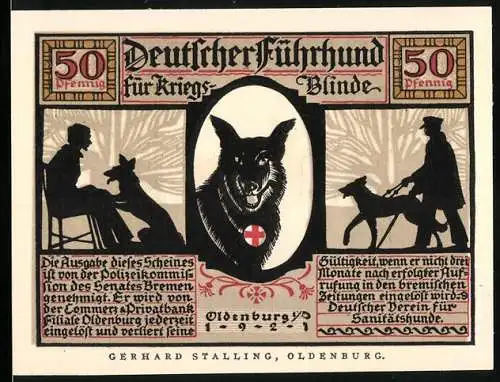 Notgeld Oldenburg / Old. 1922, 50 Pfennig, Deutscher Führhund für Kriegsblinde mit Illustrationen und Texten