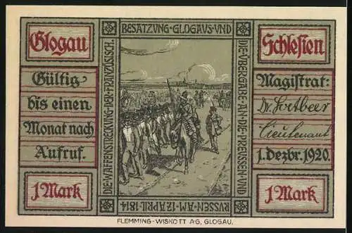 Notgeld Glogau, 1920, 1 Mark, historische Szene mit Soldaten und Stadtansicht, Gültig bis einen Monat nach Aufruf