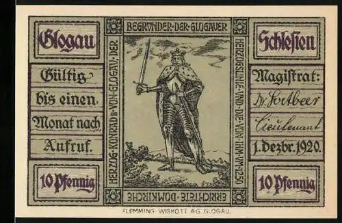 Notgeld Glogau, 1920, 10 Pfennig, Herzog Konrad mit Schwert und Stadtansicht