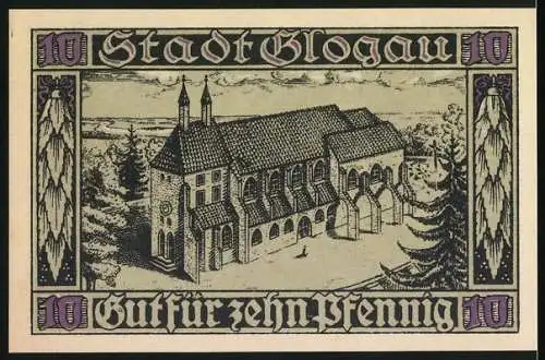 Notgeld Glogau, 1920, 10 Pfennig, Herzog Konrad mit Schwert und Stadtansicht