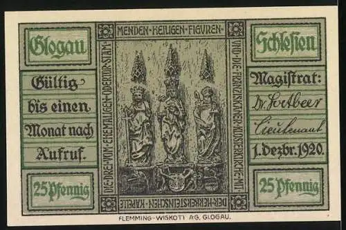 Notgeld Glogau, 1920, 25 Pfennig, Stadtansicht und Heiligenfiguren