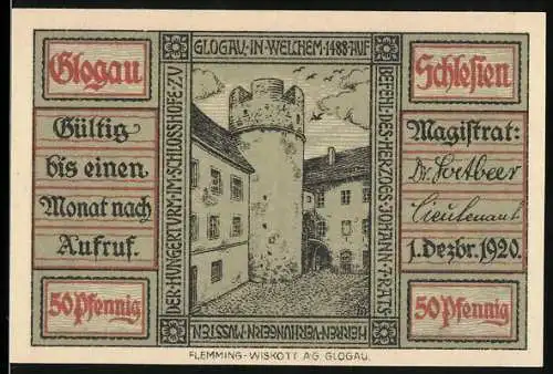 Notgeld Glogau, 1920, 50 Pfennig, Ansicht des Schlosses und historisches Buchdesign