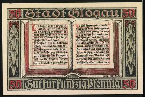 Notgeld Glogau, 1920, 50 Pfennig, Ansicht des Schlosses und historisches Buchdesign