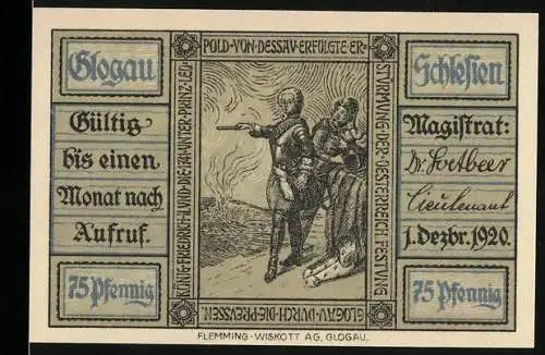 Notgeld Glogau, 1920, 75 Pfennig, Illustration von Soldaten und Magistratsunterschrift