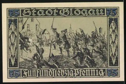 Notgeld Glogau, 1920, 75 Pfennig, Illustration von Soldaten und Magistratsunterschrift