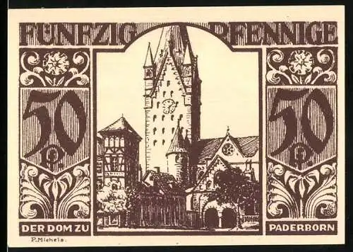 Notgeld Paderborn, 1921, 50 Pfennig, Der Dom zu Paderborn, Rückseite mit Text und Figuren