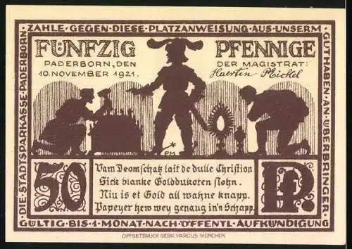 Notgeld Paderborn, 1921, 50 Pfennig, Der Dom zu Paderborn, Rückseite mit Text und Figuren